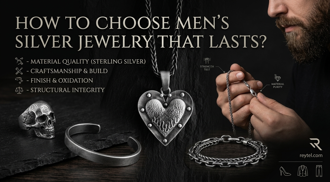 Men’s silver jewelry featuring 925 sterling silver rings and handcrafted silver pendants from Reytel