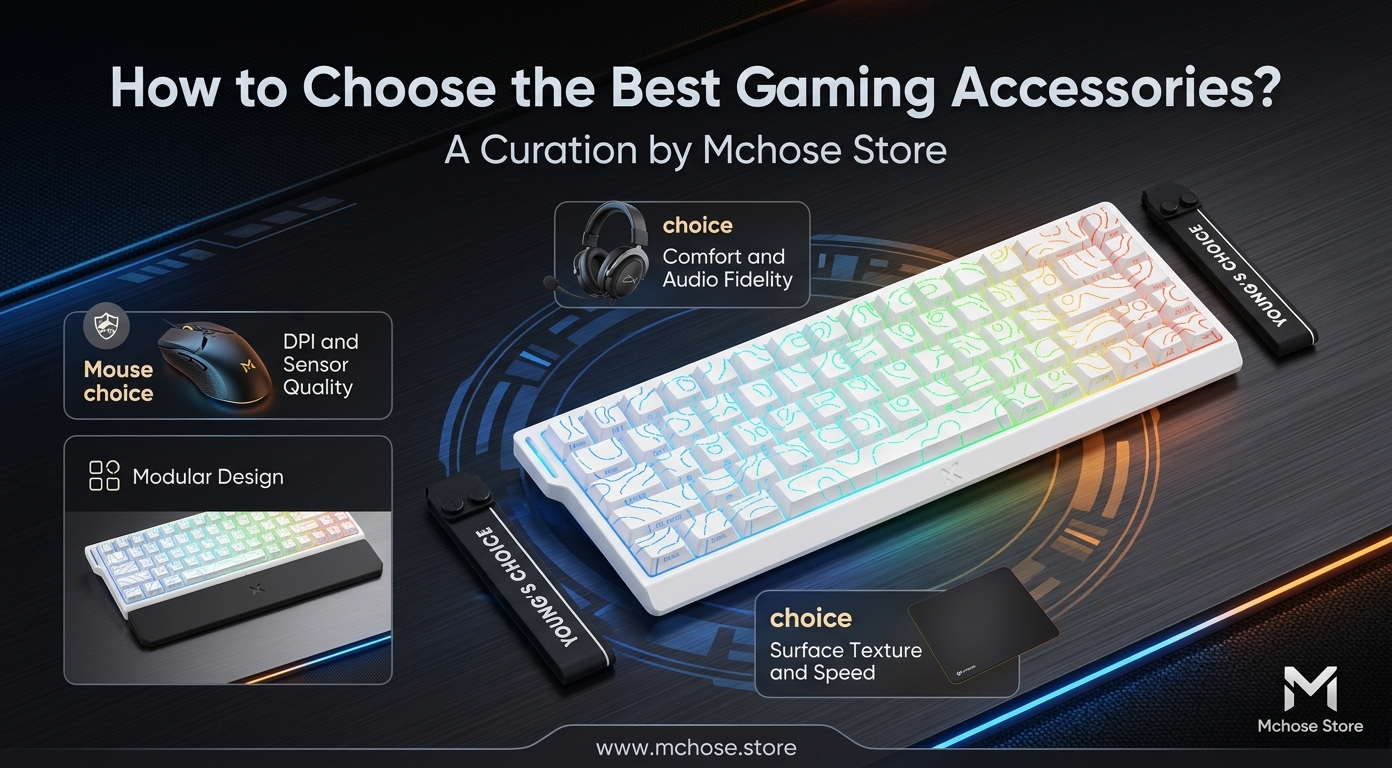 Gaming setup featuring mechanical keyboards, wireless gaming mice, and gaming headsets from Mchose US